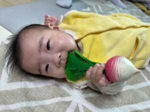 손가락 대신 치발기로 입으로 탐색하는 100일 아기