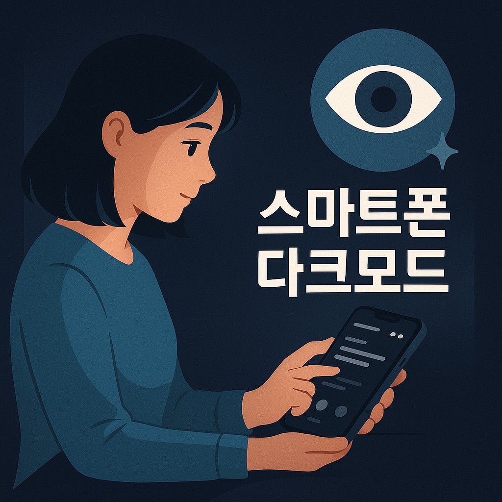 어두운 방에서 다크모드로 스마트폰을 사용하는 모습