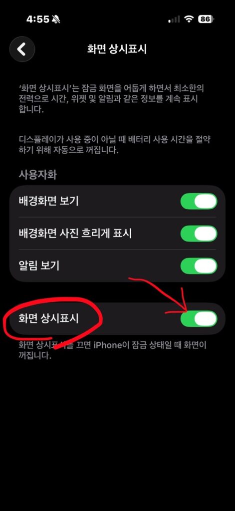 아이폰 화면 상시표시(AOD) 설정이 켜져 있는 상태를 보여주는 설정 화면
