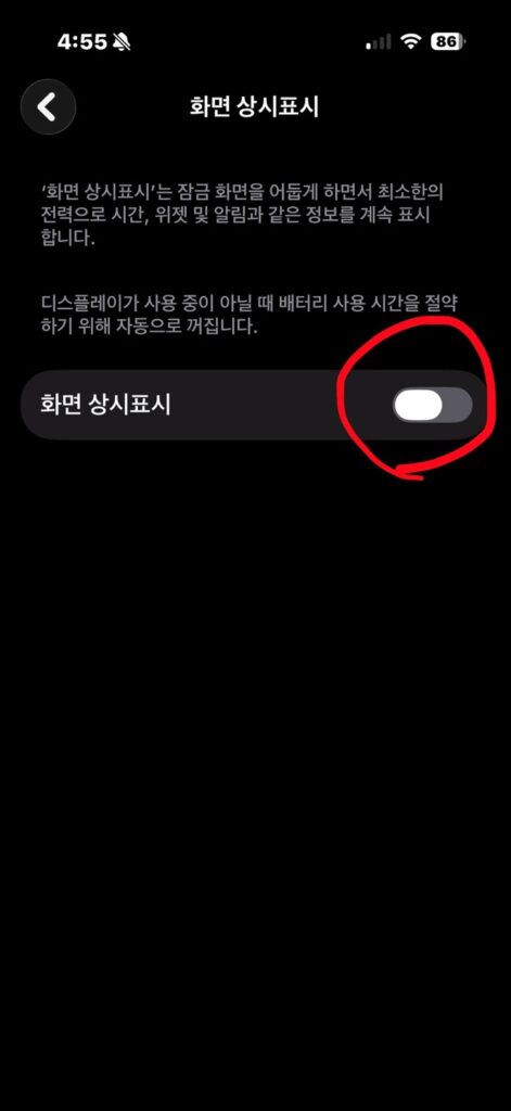 아이폰 화면 상시표시(AOD) 기능을 끈 상태의 설정 화면 예시