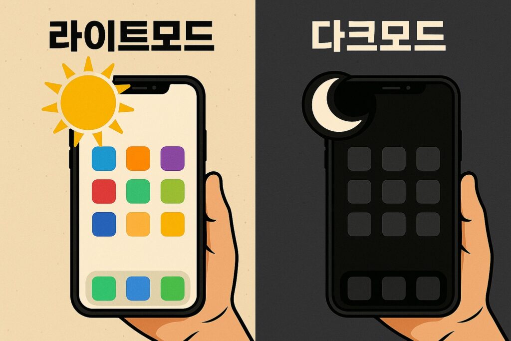 스마트폰 다크모드와 라이트모드 화면 비교 이미지