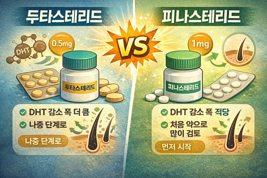 두타스테리드와 탈모약 피나스테리드 비교 일러스트(용량, DHT 감소 특징 요약)