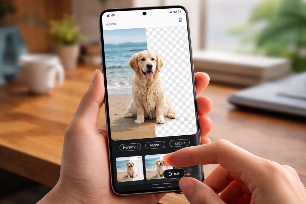 갤럭시 AI를 이용해 사진 배경 제거를 실행하는 삼성 스마트폰 이미지 편집 화면