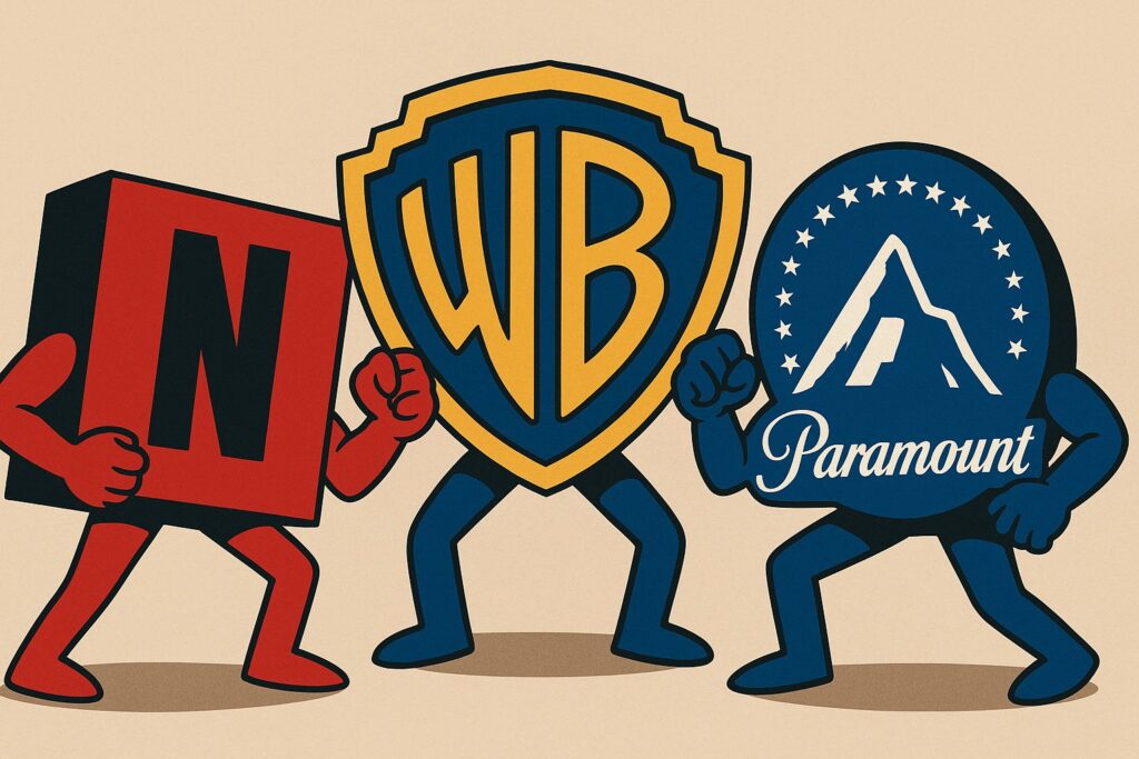 넷플릭스와 파라마운트가 워너브라더스(WBD)를 두고 경쟁하는 인수전 콘셉트 일러스트