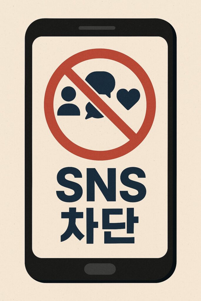 스마트폰에 표시된 SNS 차단 아이콘, 10대 SNS 사용금지와 청소년 보호 상징 일러스트