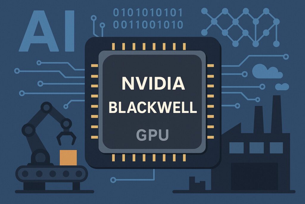 엔비디아 블랙웰 GPU 기반 AI 팩토리 개념 일러스트, 자율주행·로봇·스마트팩토리 기술을 보여주는 그래픽