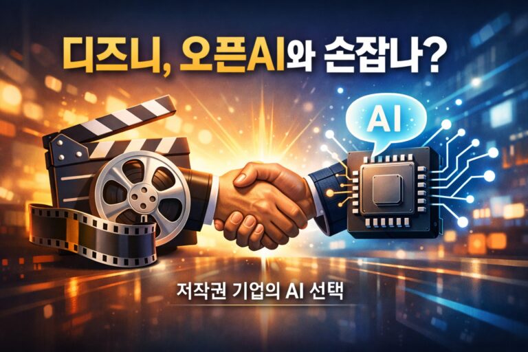 디즈니 오픈AI 협업을 상징적으로 표현한 콘텐츠 기업과 AI의 협력 이미지