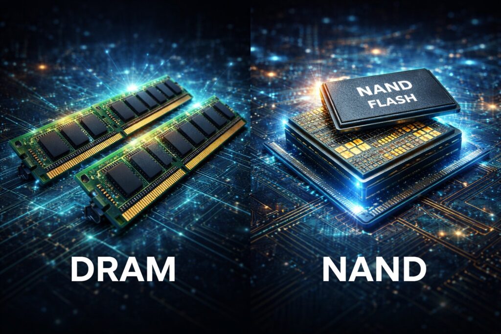 DRAM과 NAND 메모리 제품을 비교해 보여주는 이미지