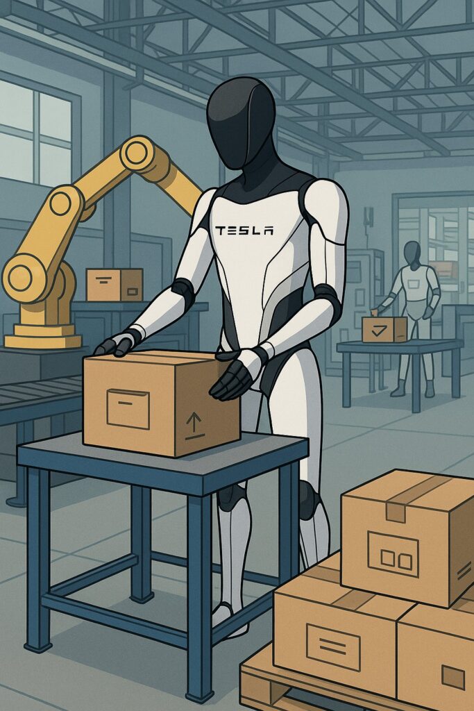 테슬라 3세대 옵티머스가 공장 작업대에서 박스를 옮기는 물류 자동화 작업 장면