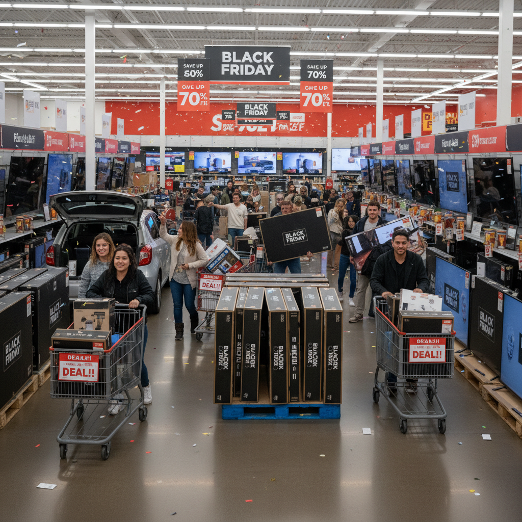 2025 블랙프라이데이 TV 할인 행사장에서 대형 TV를 카트에 싣고 쇼핑하는 사람들 모습