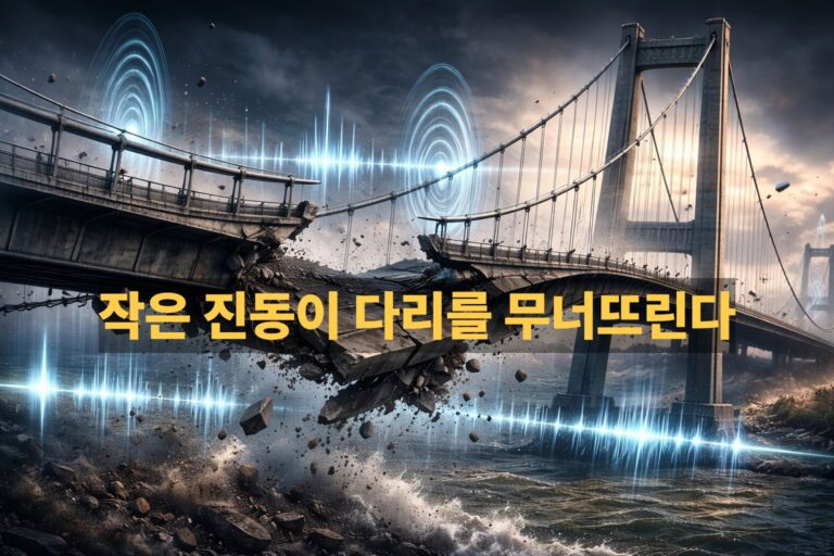 공명 현상으로 작은 진동이 증폭되어 다리가 크게 흔들리고 붕괴되는 모습