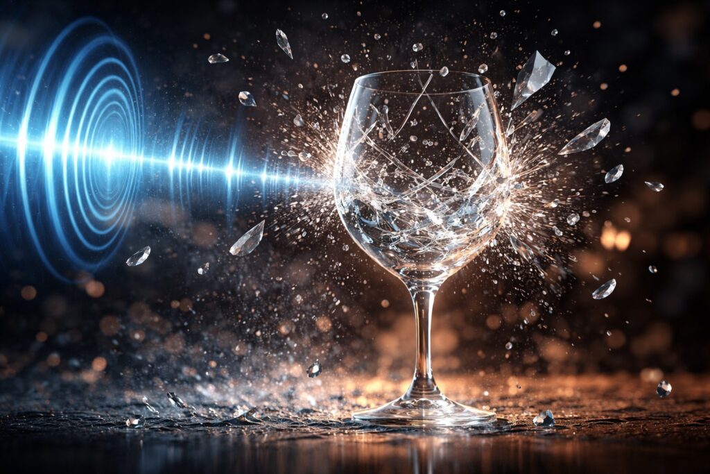 특정 주파수의 진동이 유리에 누적되며 깨질 수 있음을 형상화한 이미지