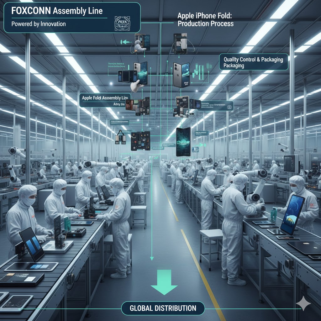 폭스콘 공장에서 진행되는 애플 iPhone Fold 조립 및 품질검사 과정 인포그래픽