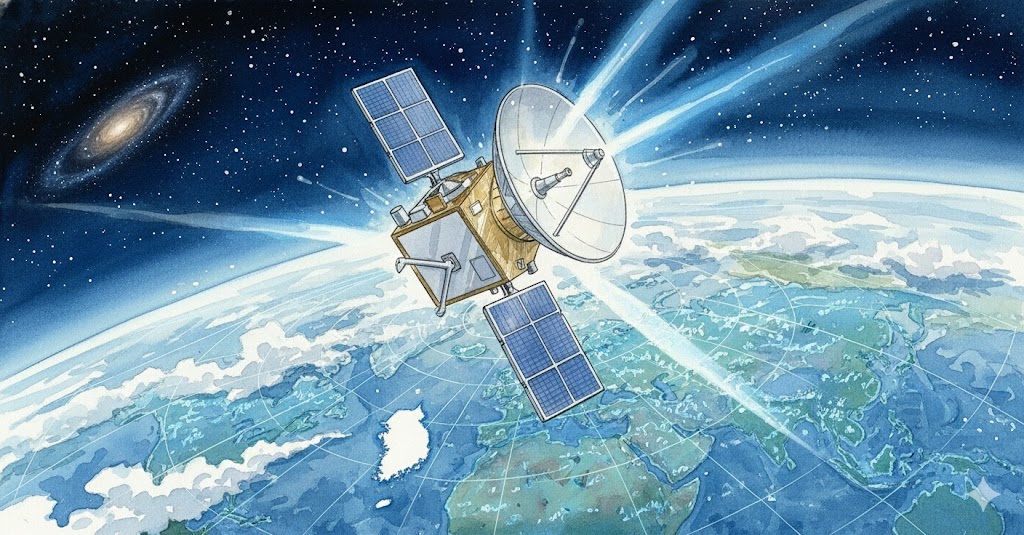 지구 상공을 도는 고해상도 위성 아리랑 7호의 위성 통신·궤도 비행 모습을 묘사한 일러스트