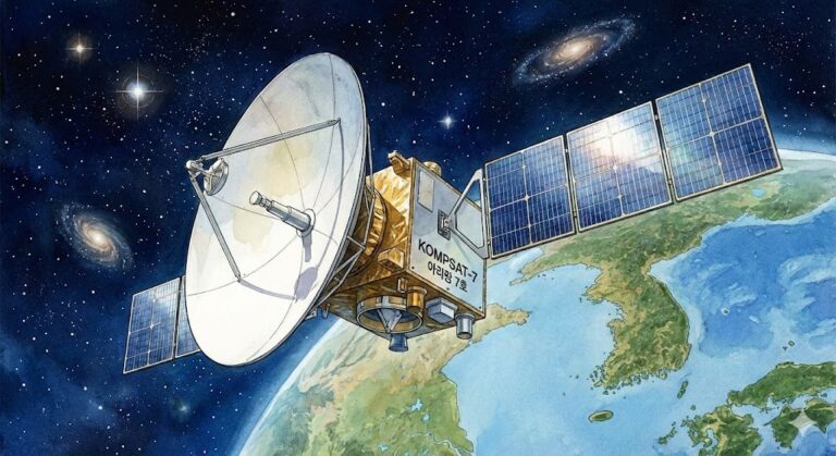 대한민국이 개발한 고해상도 위성 아리랑 7호가 지구 궤도에서 관측 임무를 수행하는 모습