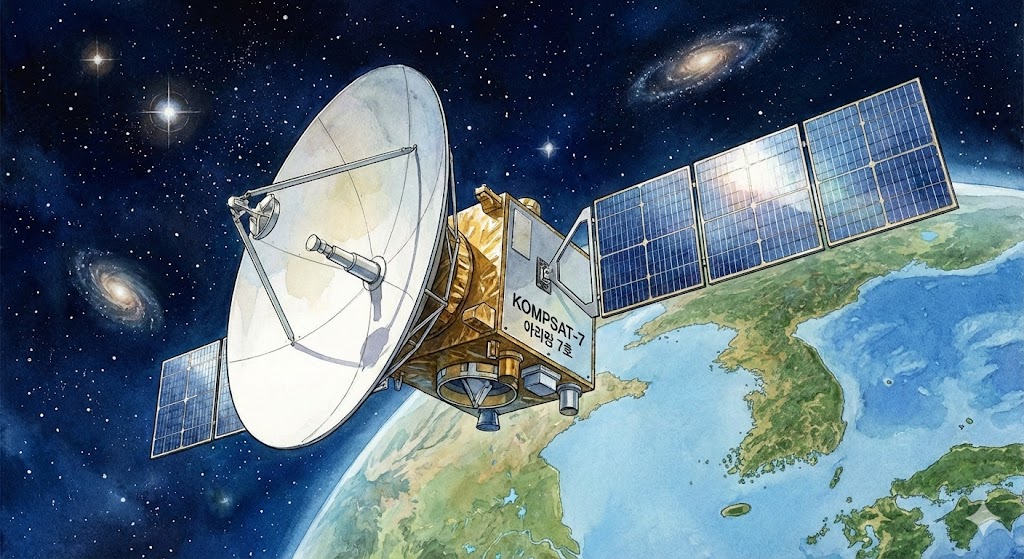 대한민국이 개발한 고해상도 위성 아리랑 7호가 지구 궤도에서 관측 임무를 수행하는 모습