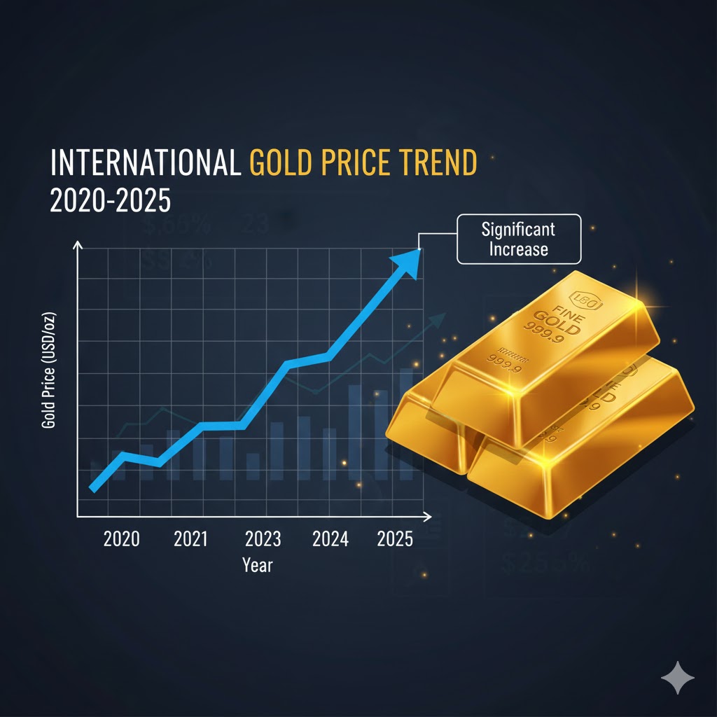 2020~2025년 국제 금시세 상승 추이 인포그래픽과 골드바 일러스트