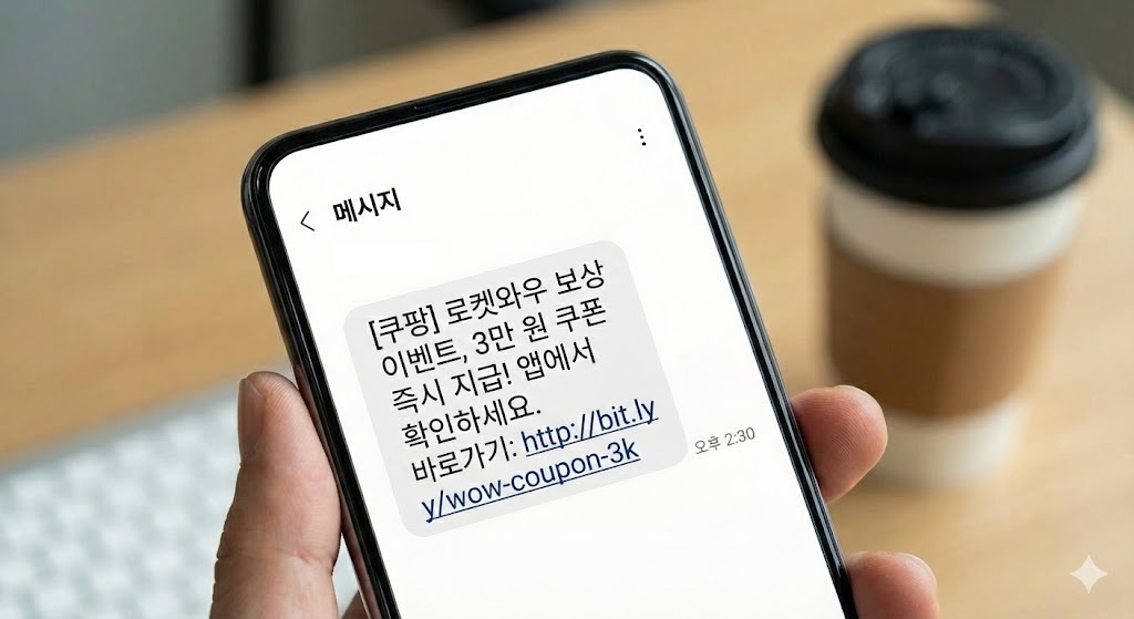 쿠팡 로켓와우 보상 이벤트를 사칭한 쿠팡 스팸 문자 피싱 예시