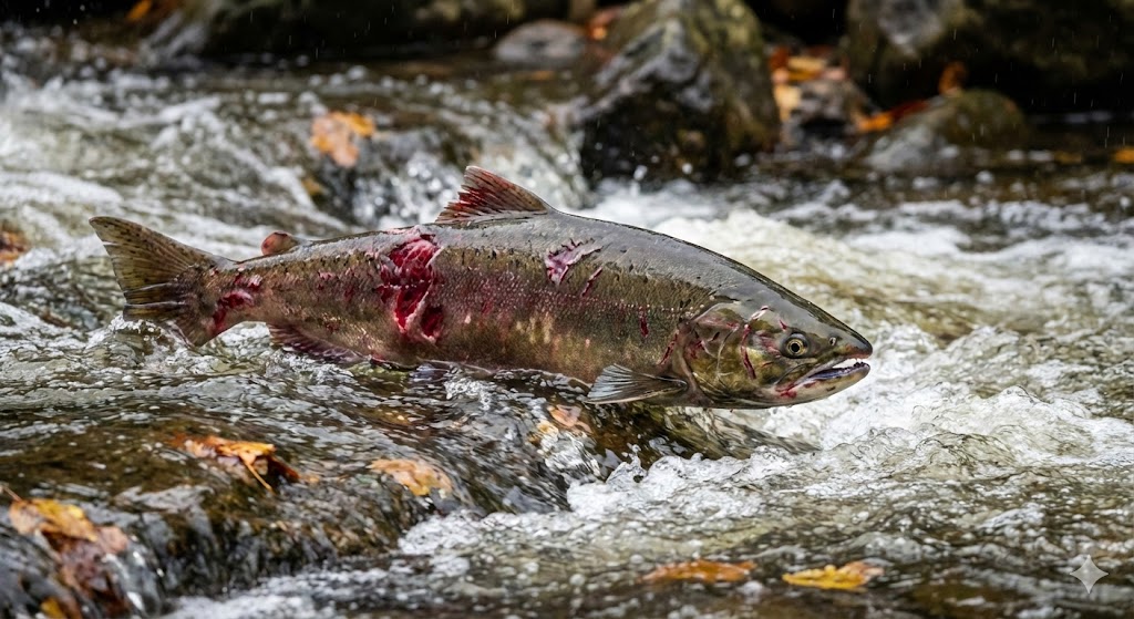 몸에 큰 상처가 난 연어가 산란을 위해 강물을 거슬러 오르는 장면