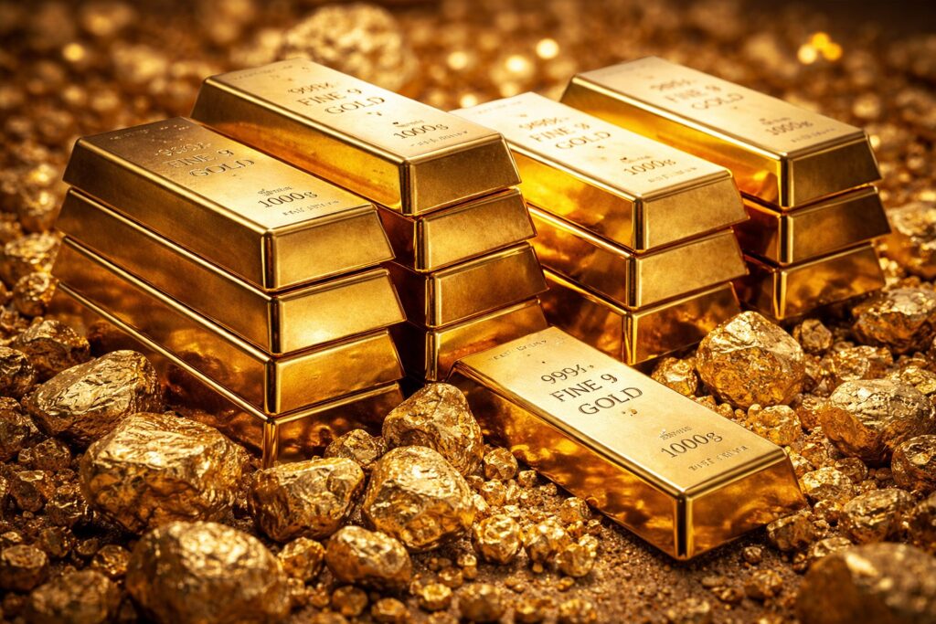 금괴가 쌓여 있는 이미지(금 가격·안전자산 이슈 설명용)