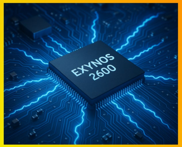 삼성 엑시노스 2600 칩셋이 회로 기판 위에서 전류 효과와 함께 빛나는 모습