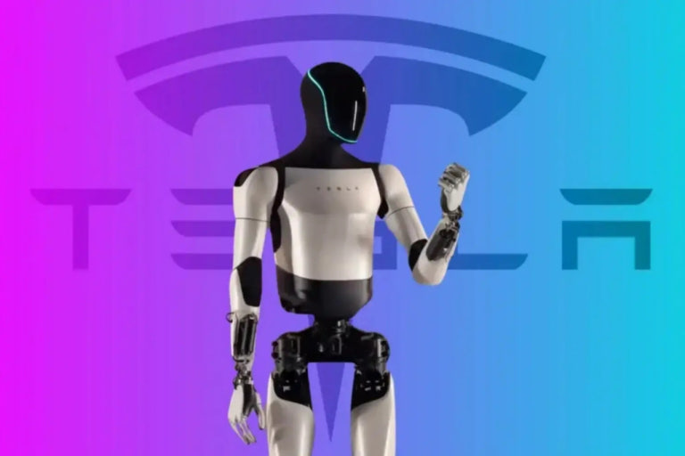 테슬라 3세대 옵티머스 휴머노이드 로봇 전신 콘셉트 예시 이미지와 브랜드 로고 배경