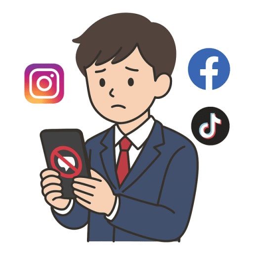 인스타그램 페이스북 틱톡 차단으로 고민하는 일러스트, SNS 사용 제한 이미지
