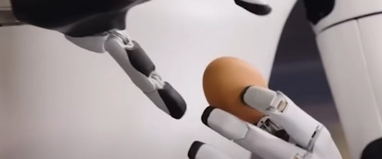 테슬라 3세대 옵티머스 로봇 손의 섬세한 그립 제어 데모 달걀을 깨지 않게 집는 장면