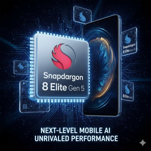 스냅드래곤 8 엘리트 Gen5 칩셋과 스마트폰이 연결된 AI 퍼포먼스 강조 그래픽