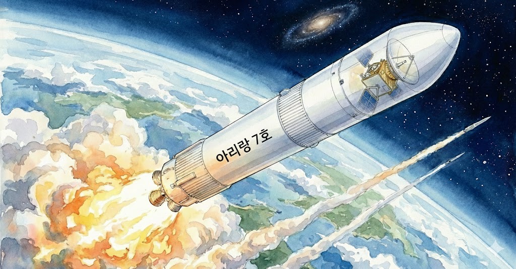 베가C 발사체에 실린 고해상도 위성 아리랑 7호가 지구 대기권을 돌파하며 상승하는 발사 장면 일러스트