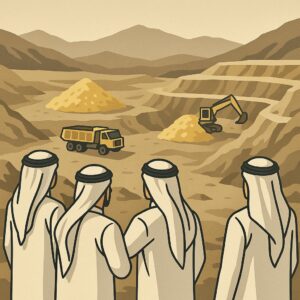 사우디아라비아 금 탐사 성과를 나타내는 광산 개발 일러스트