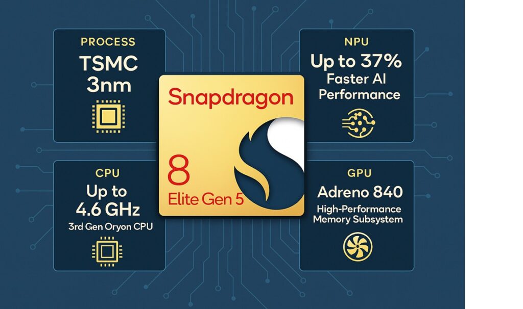 스냅드래곤 8 엘리트 Gen5의 TSMC 3nm, 4.6GHz CPU, 37% 향상된 NPU, Adreno 840 GPU 스펙을 보여주는 인포그래픽