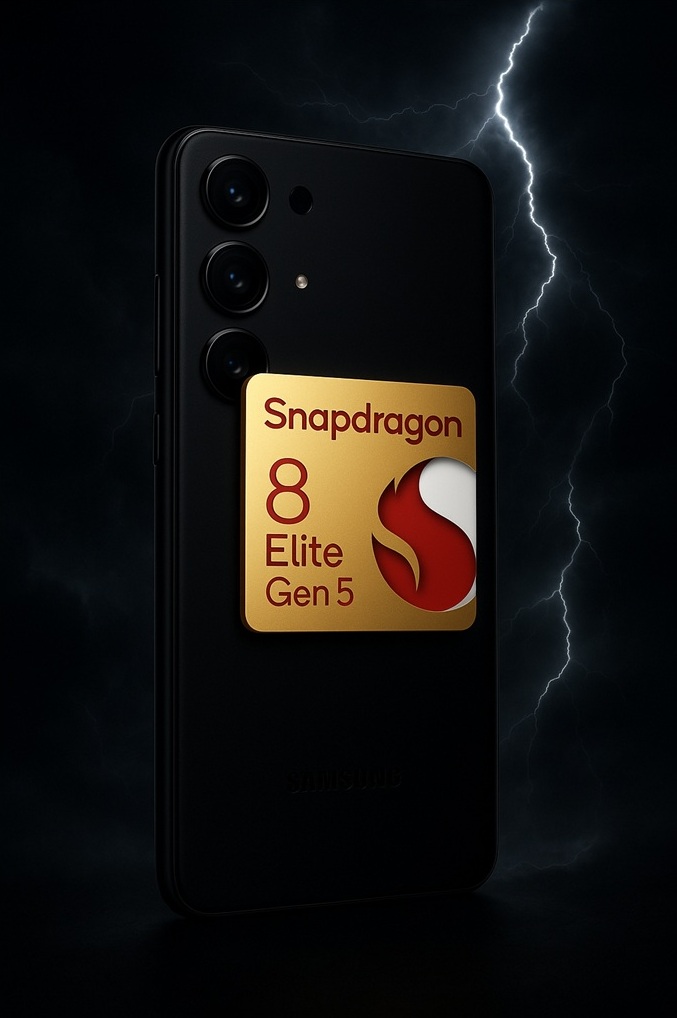 번개가 번쩍이는 어두운 배경 속에서 스냅드래곤 8 엘리트 Gen5 마크가 강조된 검은색 갤럭시 S26 후면 디자인