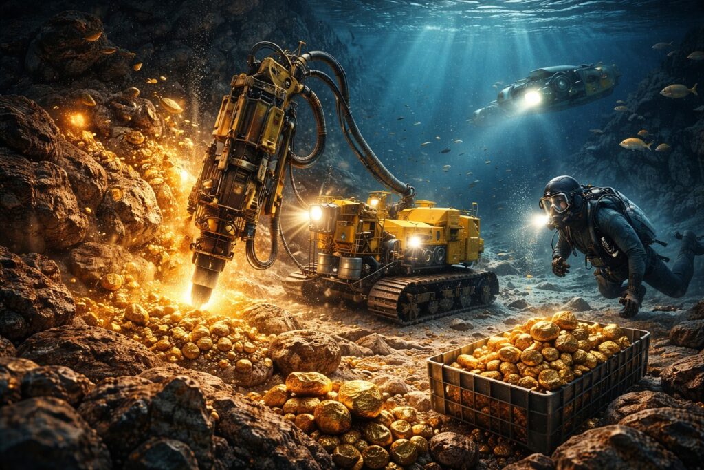 중국 해저 금광을 상징하는 해저 금 채굴 작업 장면