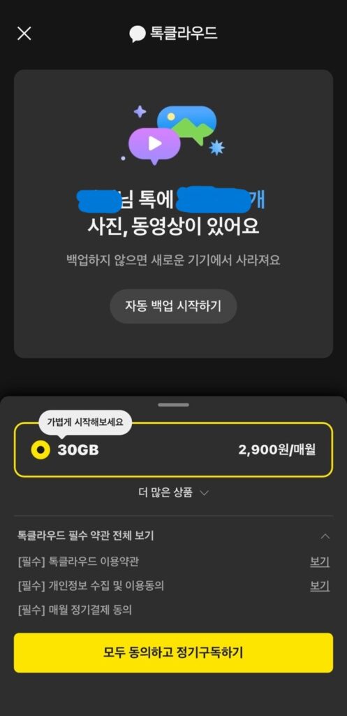 카카오톡 톡클라우드 정기 구독 화면 이미지