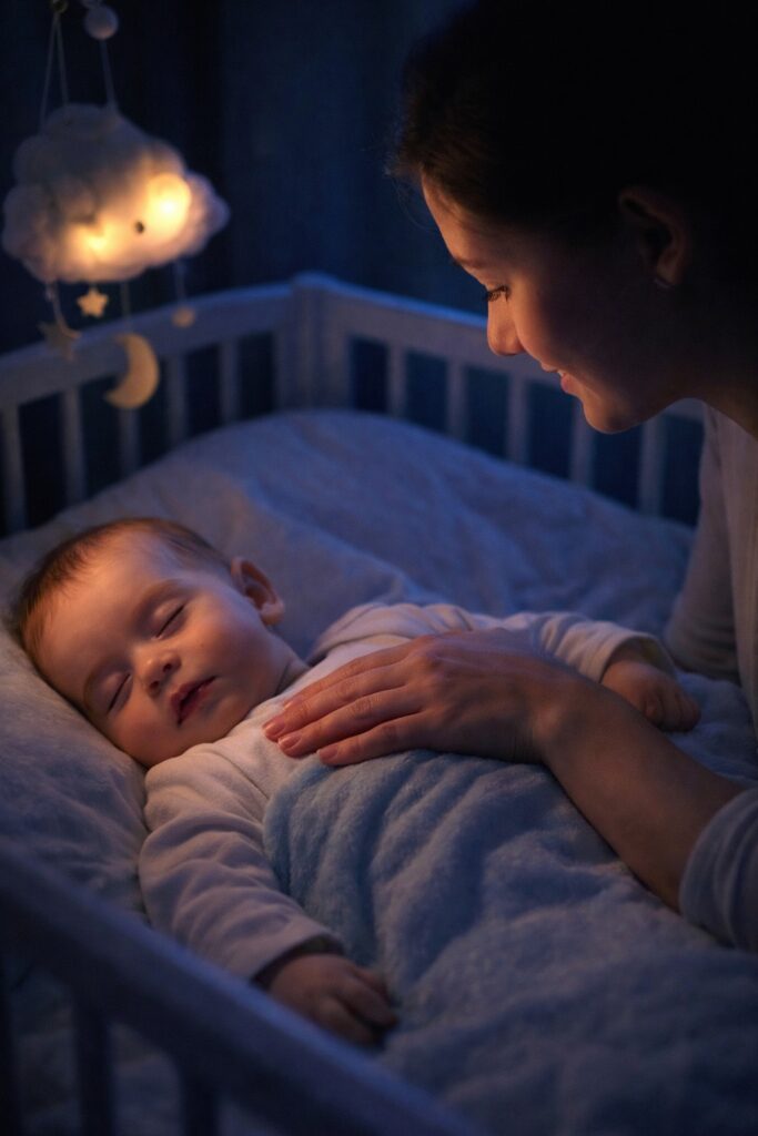 100일 아기 발달 체크리스트 - 어두운 방에서 아기를 토닥이며 재우는 수면 루틴