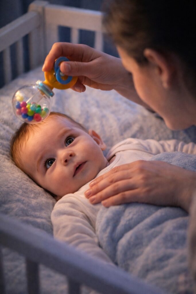 100일 아기 발달 체크리스트 - 누워 있는 아기가 딸랑이를 눈으로 따라보는 시선 추적 놀이