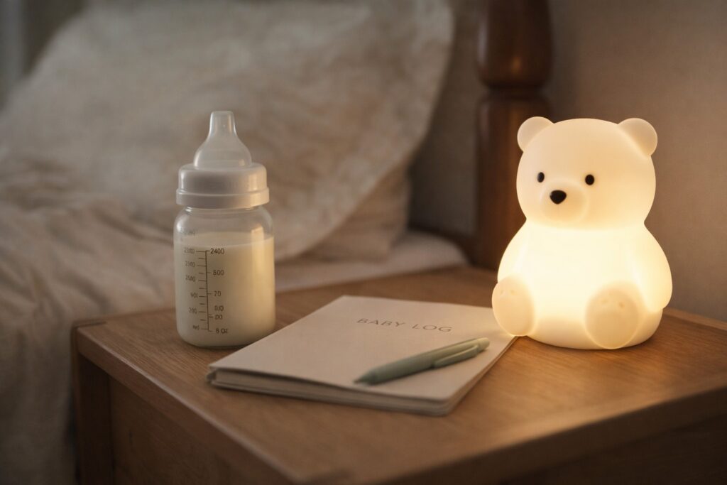 밤중 수유 끊기 위해 기록 준비 하는 모습의 이미지