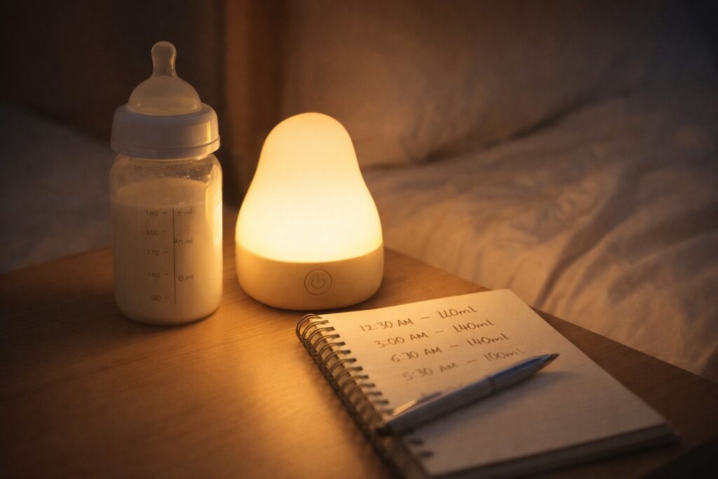밤중 수유 기록을 남기기 위해 수유등과 젖병을 준비한 모습