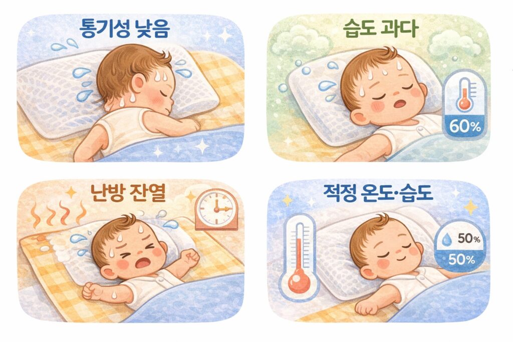 아기 수면 적정 온도와 습도 체크 인포그래픽, 통기성 낮음·습도 과다·난방 잔열 비교