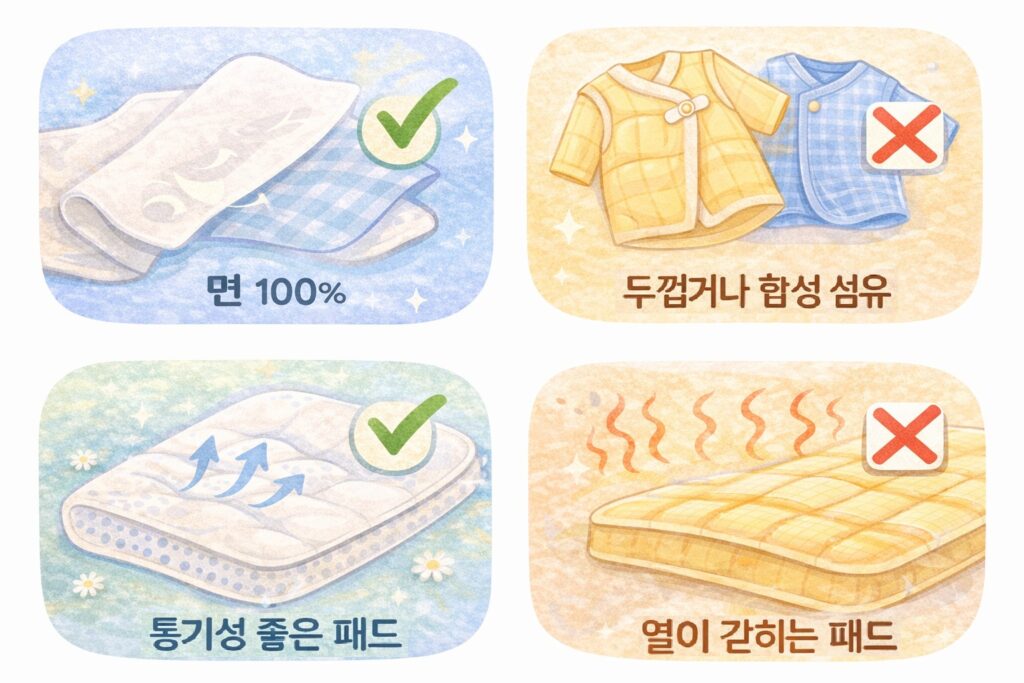아기 수면 침구 선택 가이드 이미지, 면 100%와 통기성 좋은 패드 vs 두껍거나 합성 섬유·열이 갇히는 패드