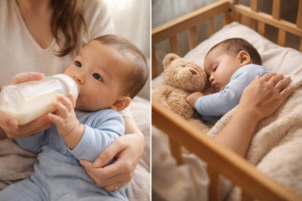 야간수유 후 아기 침대에서 편안하게 잠든 아기 모습